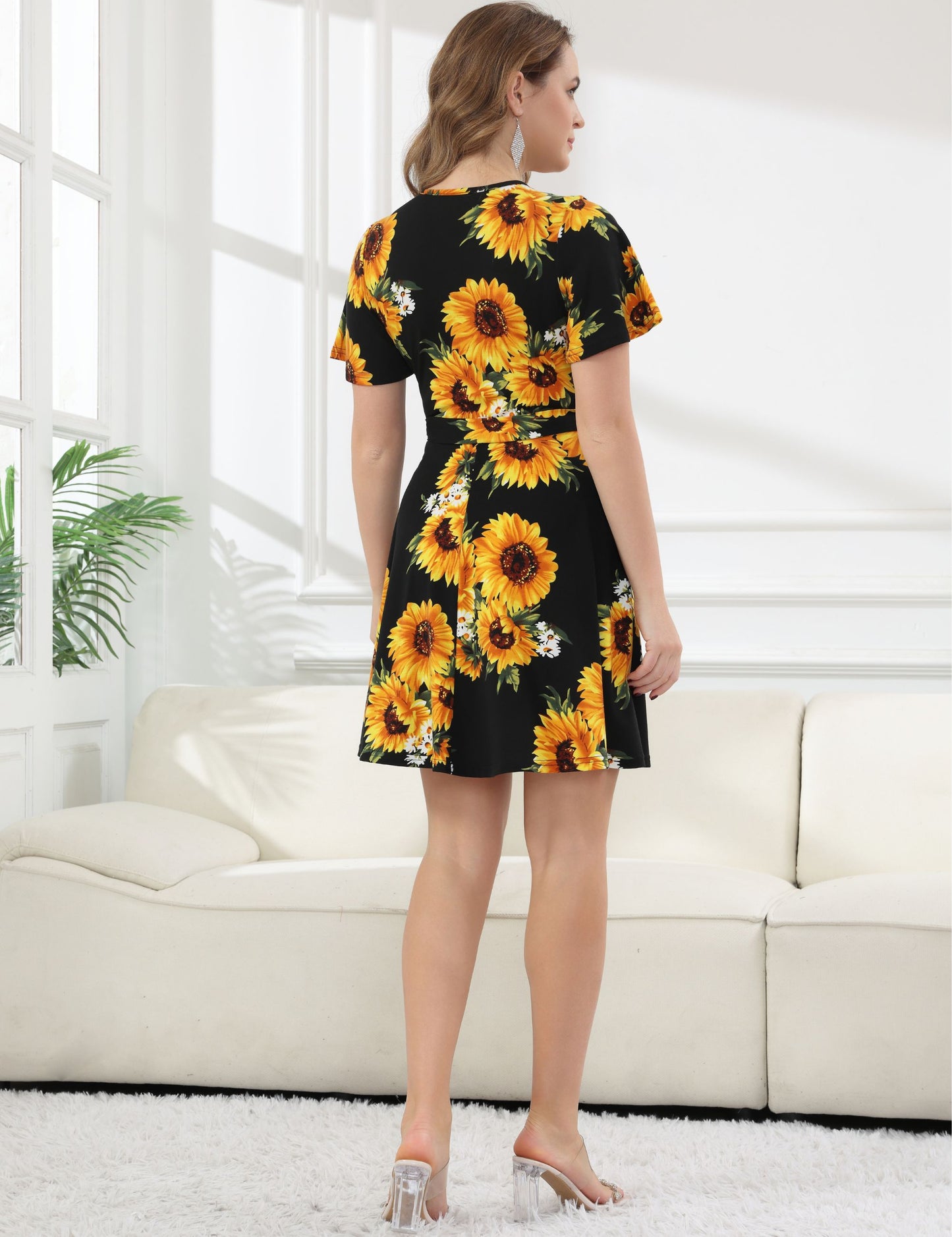 Women's Casual Spring Floral Dress Short Sleeve Wrap V Neck Fit and Flare Sexy Summer Dresses Sunflower