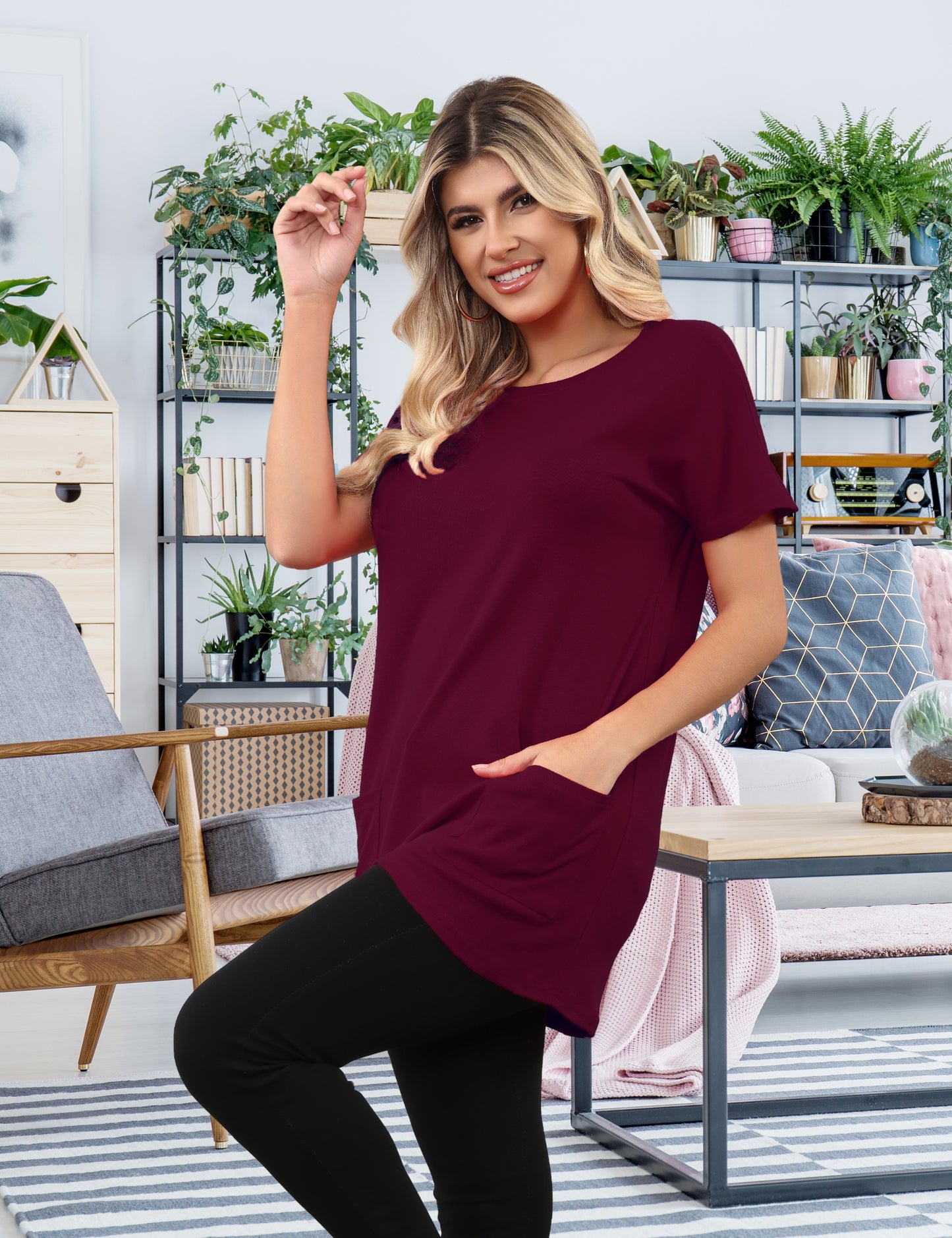 Womens Short Sleeve Tunics or Tops to Wear with Leggings Casual Summer Long Shirts with Pockets
