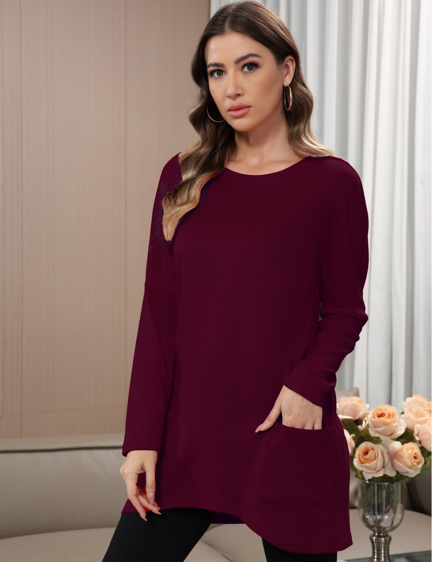 Womens Long Sleeve Tunic Tops to Wear with Leggings Casual Long Shirts with Pockets