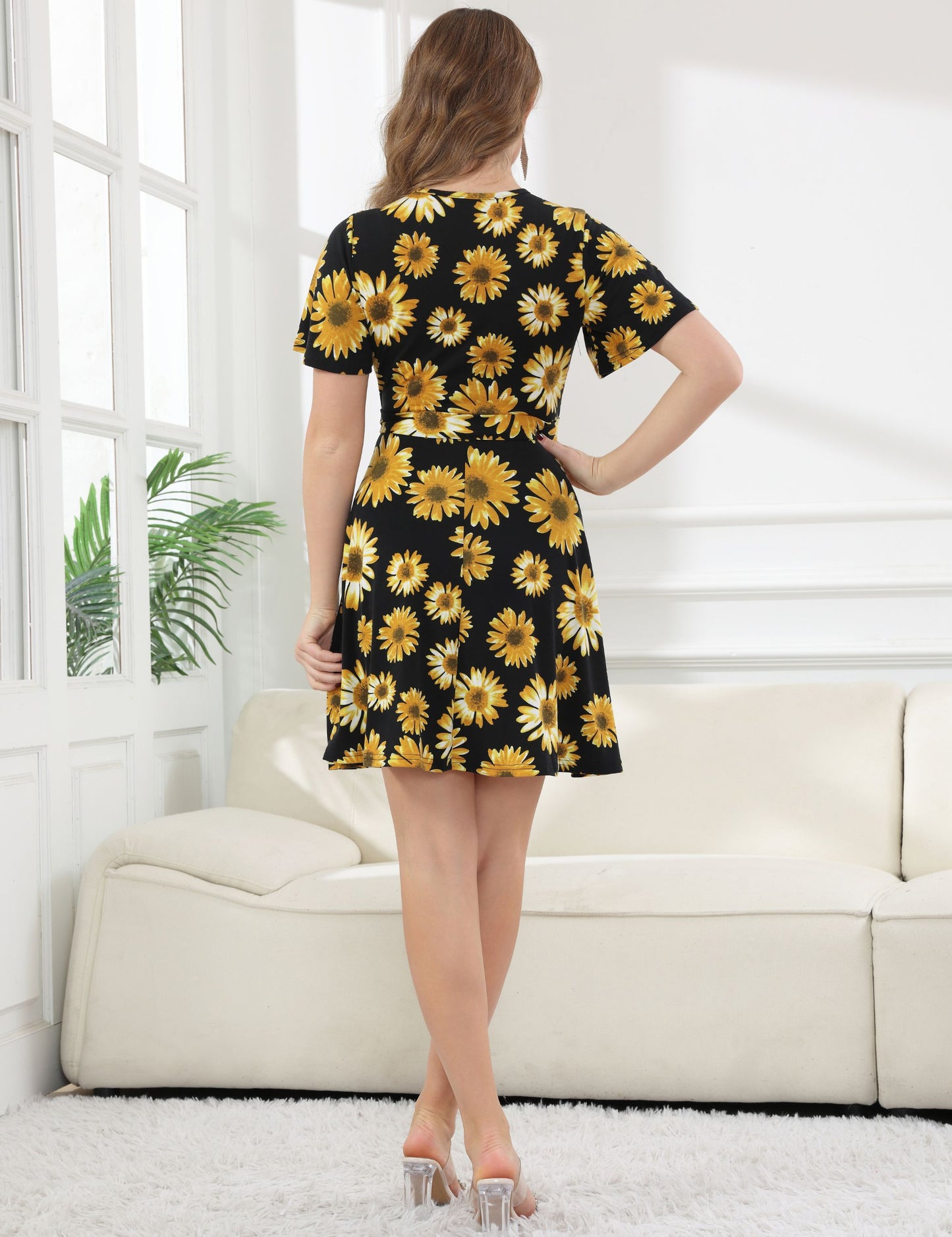 Women's Casual Spring Floral Dress Short Sleeve Wrap V Neck Fit and Flare Sexy Summer Dresses Sunflower
