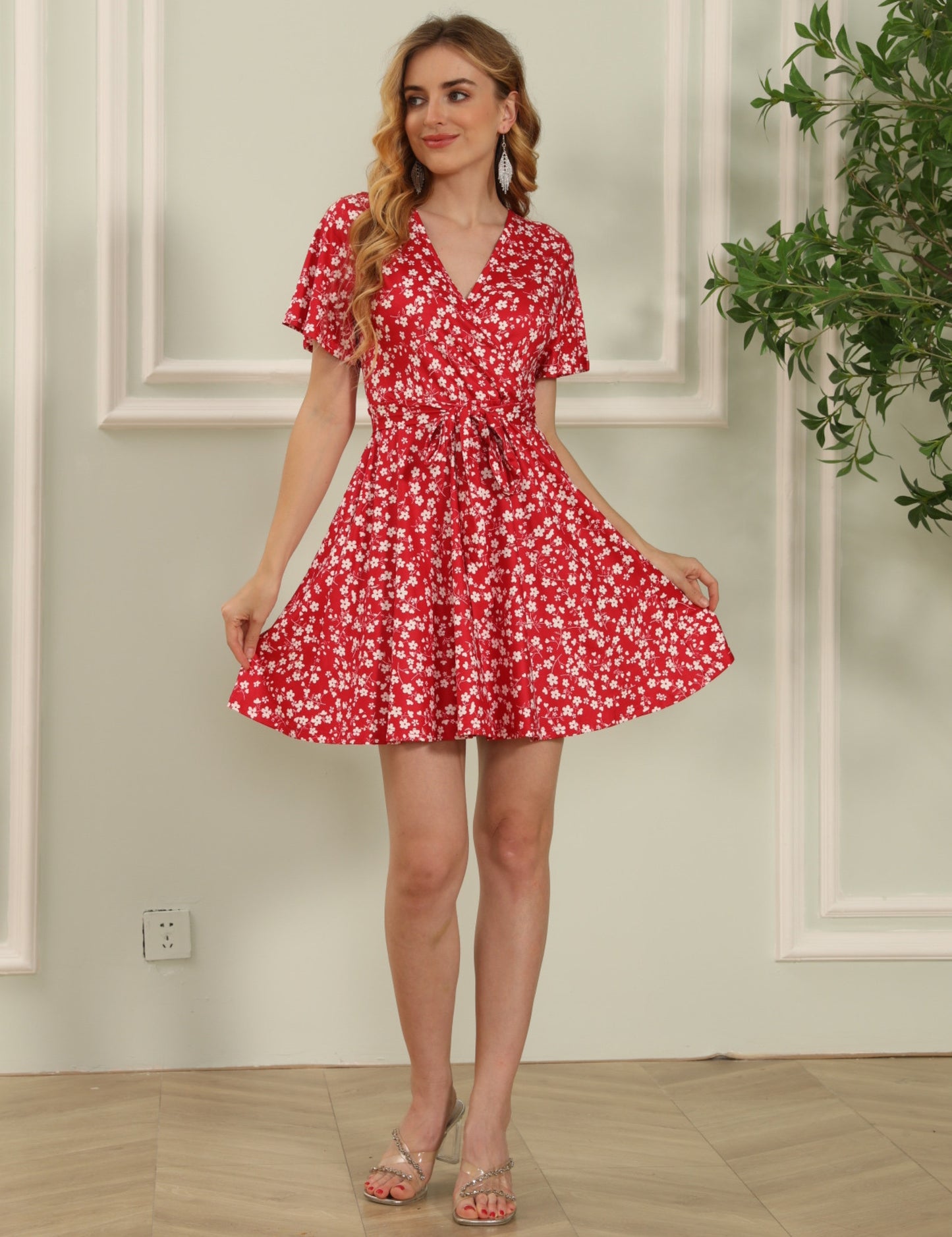Women's Casual Spring Floral Dress Short Sleeve Wrap V Neck Fit and Flare Sexy Summer Dresses Sunflower
