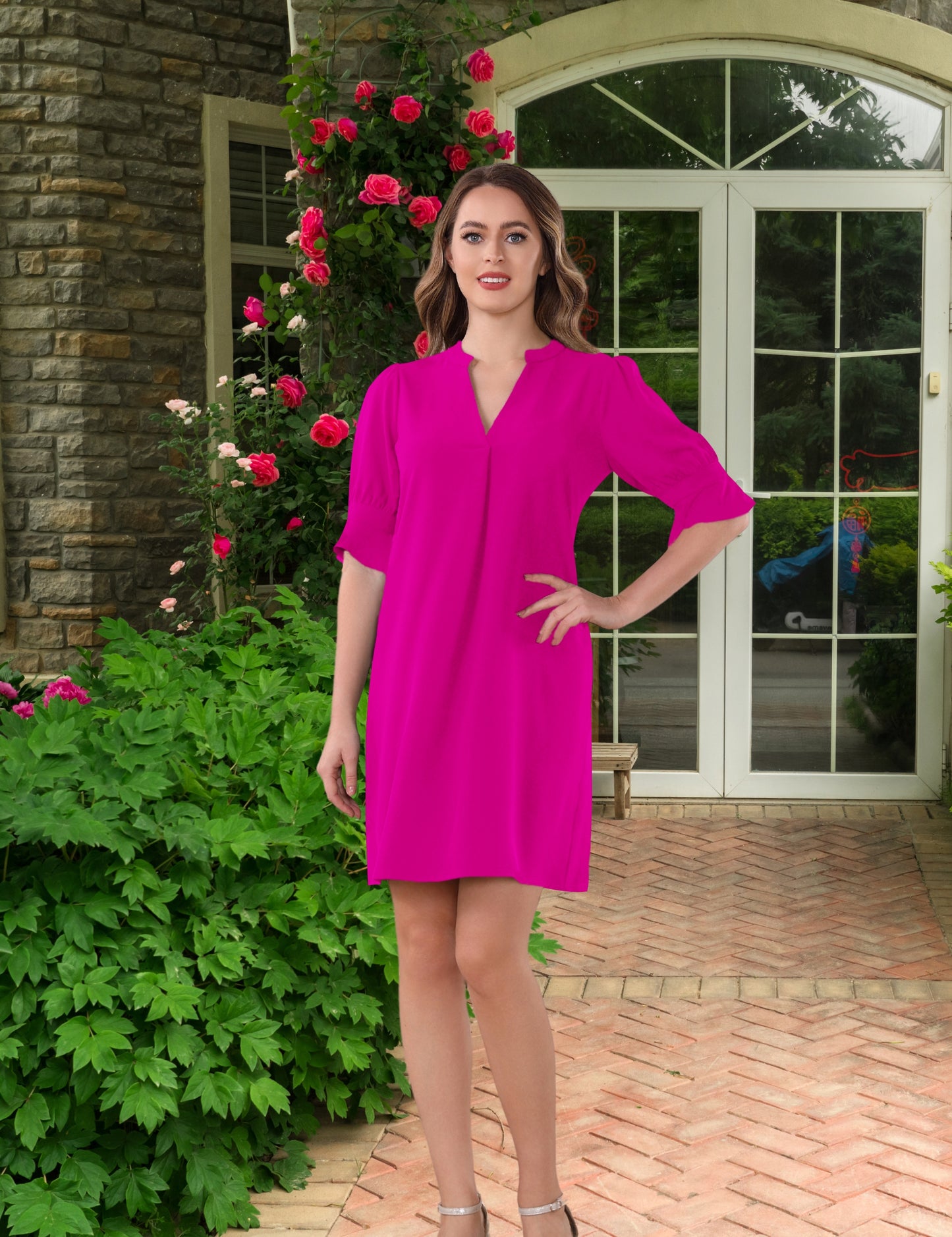 Spring Dresses for Women Casual Flowy Cute Short Sleeve V Neck Shift Dress