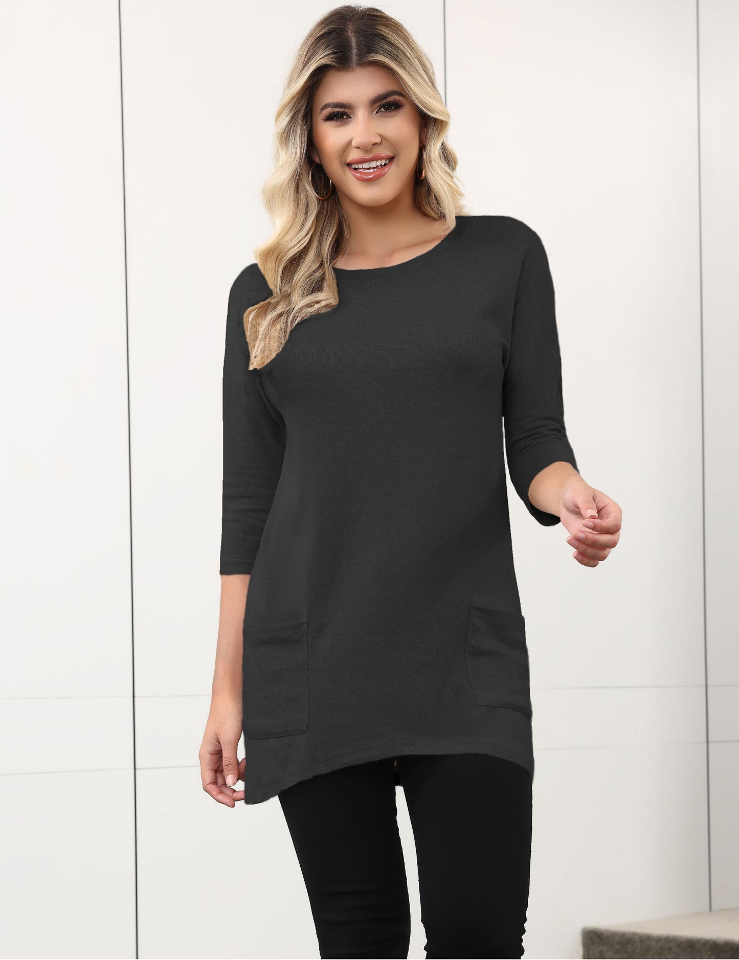 Womens Long Tunics or Tops to Wear with Leggings Casual Spring 3/4 Sleeve Shirts with Pockets