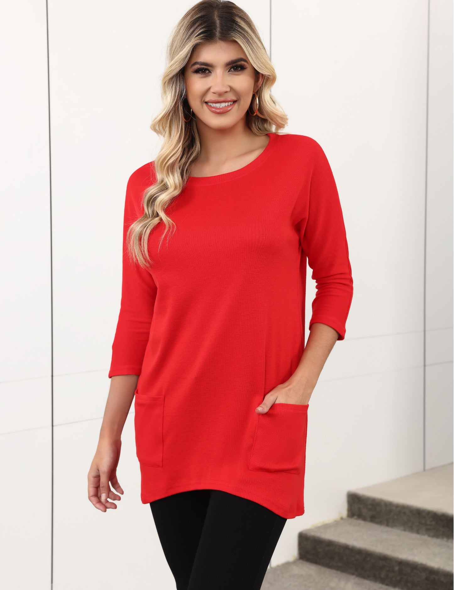 Womens Long Tunics or Tops to Wear with Leggings Casual Spring 3/4 Sleeve Shirts with Pockets