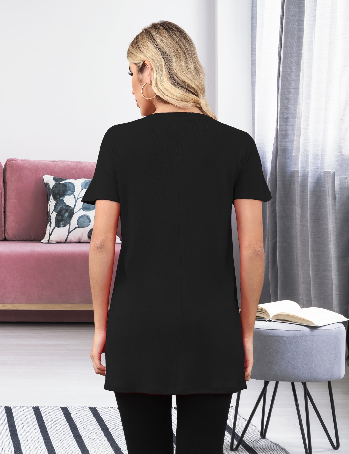 Womens Short Sleeve Tunics or Tops to Wear with Leggings Casual Summer Long Shirts with Pockets