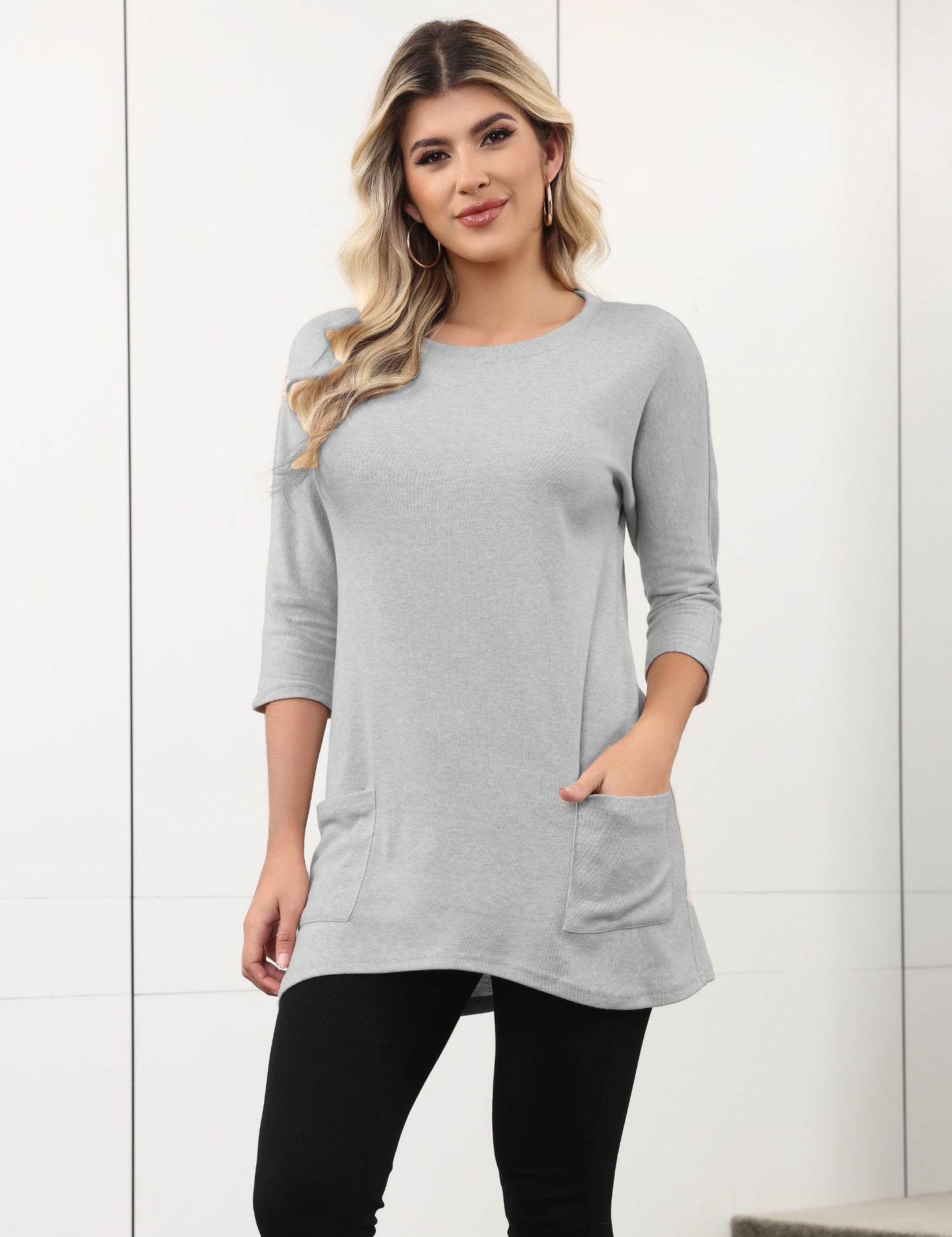 Womens Long Tunics or Tops to Wear with Leggings Casual Spring 3/4 Sleeve Shirts with Pockets