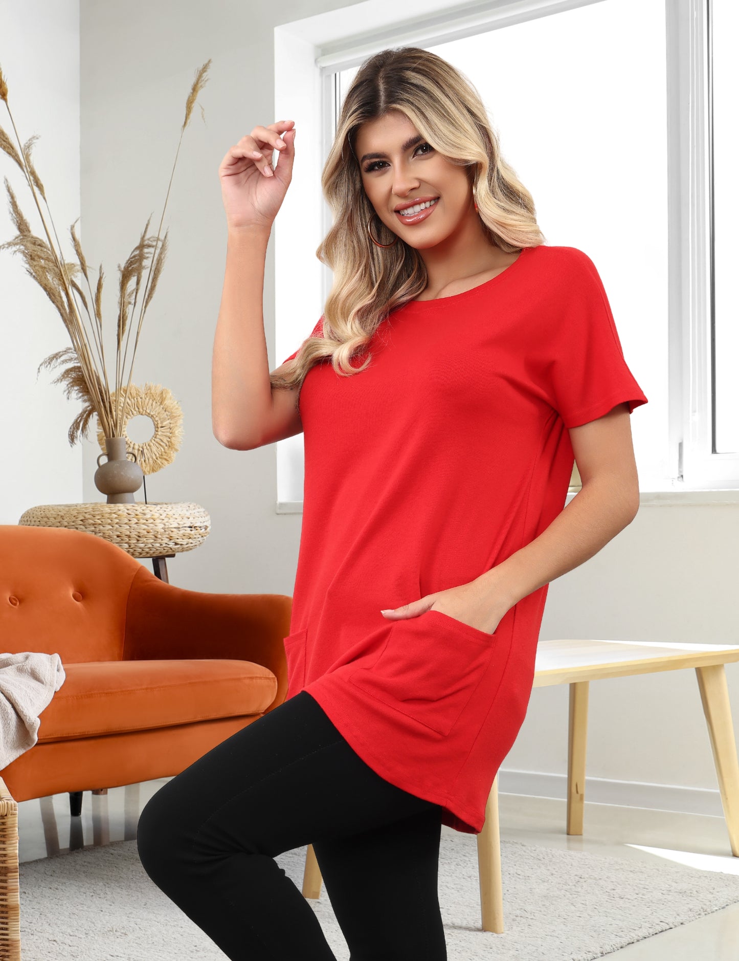 Womens Short Sleeve Tunics or Tops to Wear with Leggings Casual Summer Long Shirts with Pockets