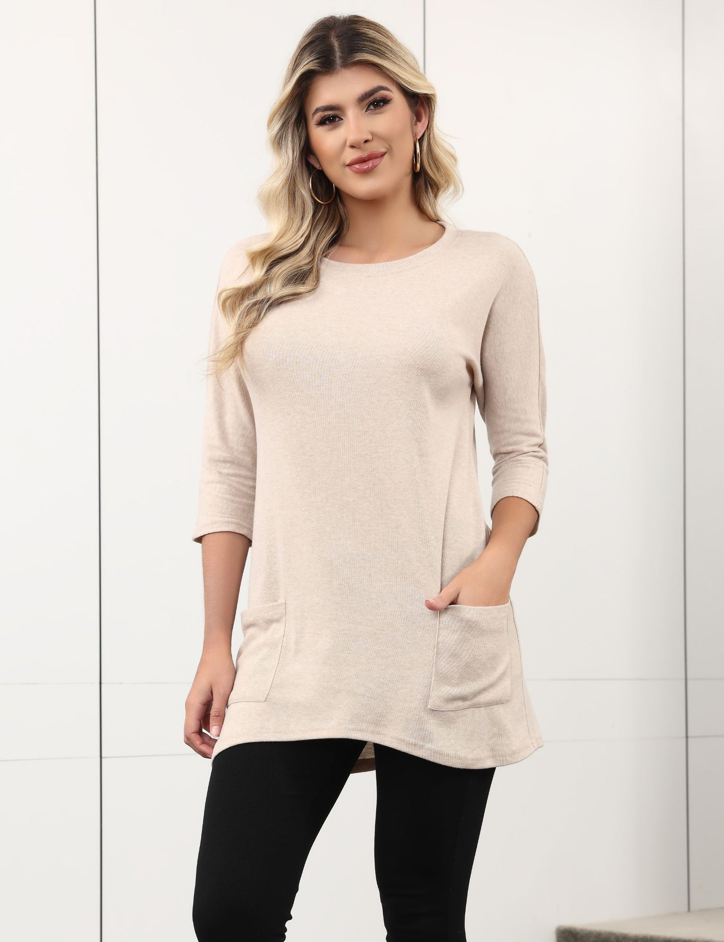 Womens Long Tunics or Tops to Wear with Leggings Casual Spring 3/4 Sleeve Shirts with Pockets