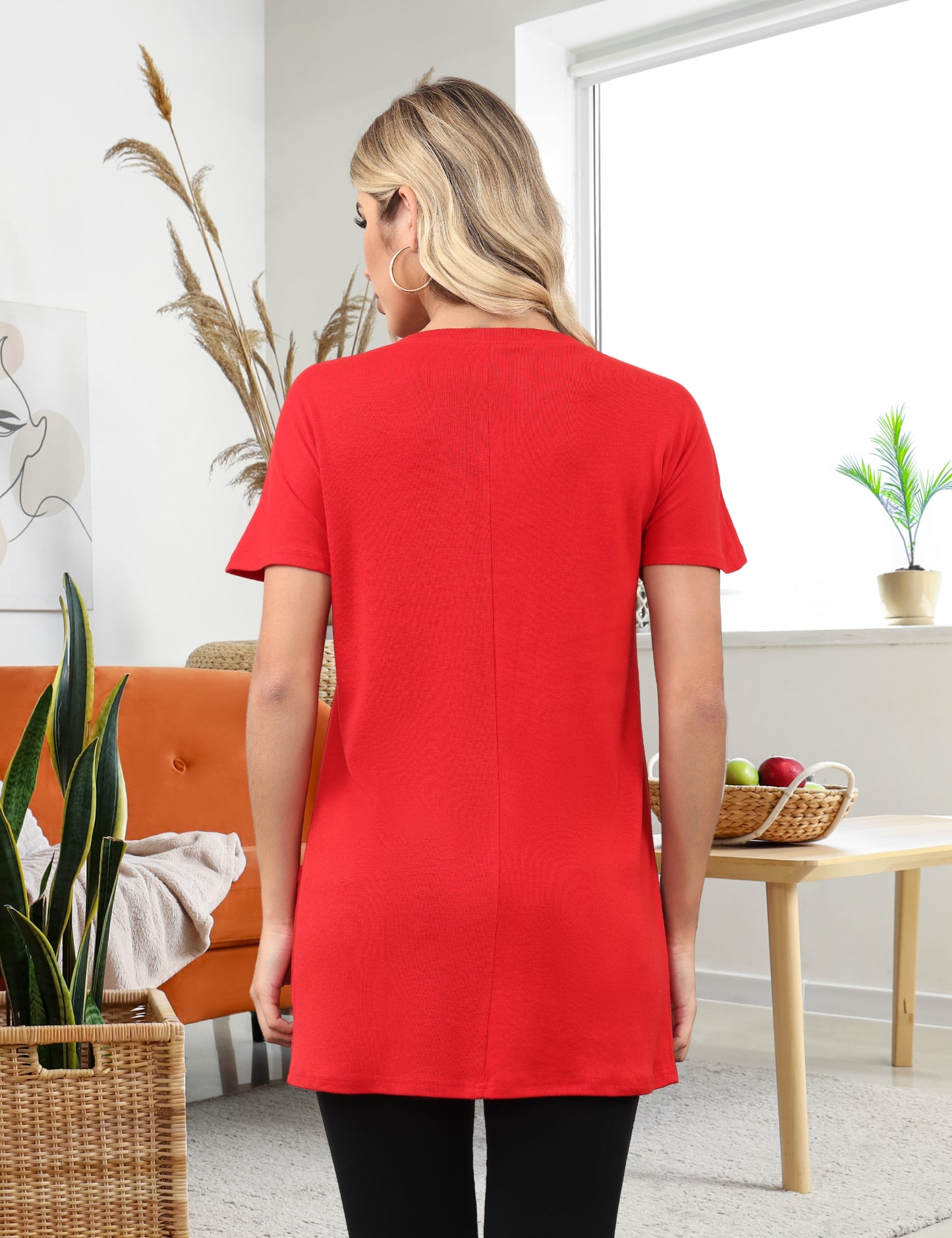 Womens Short Sleeve Tunics or Tops to Wear with Leggings Casual Summer Long Shirts with Pockets