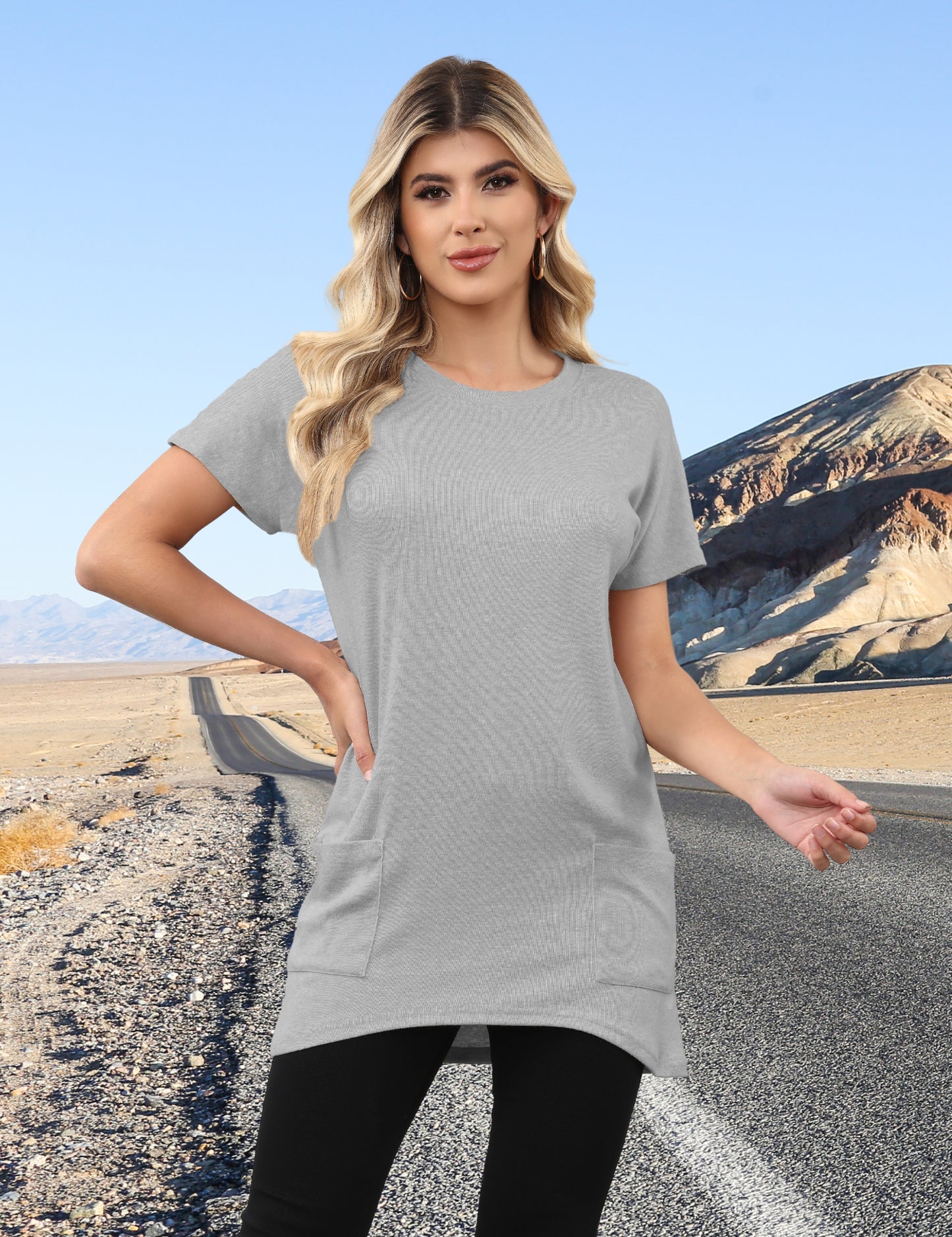 Womens Short Sleeve Tunics or Tops to Wear with Leggings Casual Summer Long Shirts with Pockets