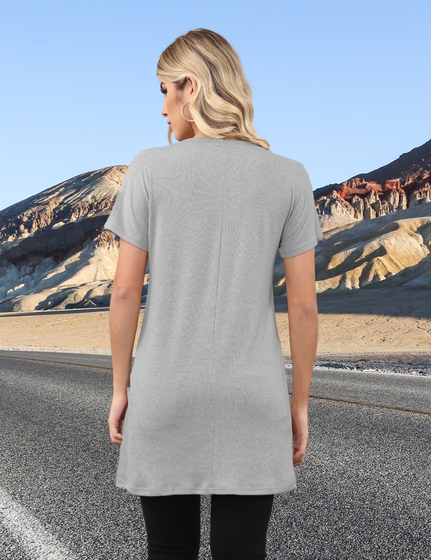 Womens Short Sleeve Tunics or Tops to Wear with Leggings Casual Summer Long Shirts with Pockets