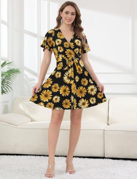 Women's Casual Spring Floral Dress Short Sleeve Wrap V Neck Fit and Flare Sexy Summer Dresses Sunflower