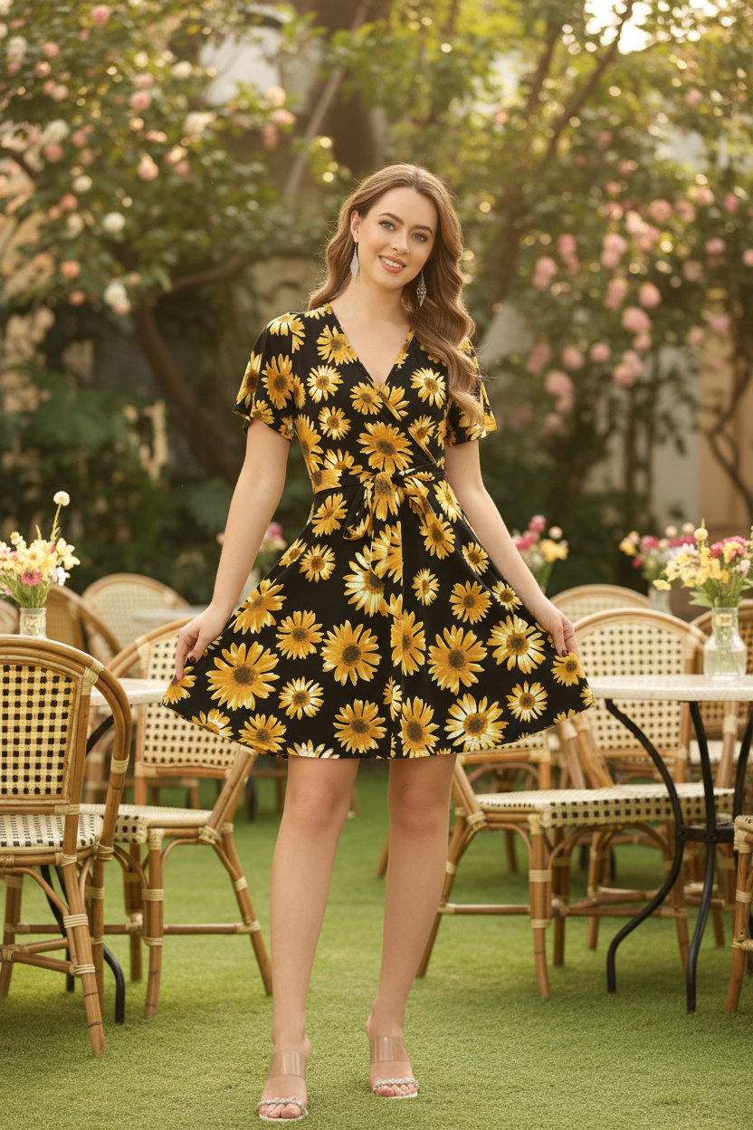Women's floral wrap dress sunflower print summer lifestyle scene